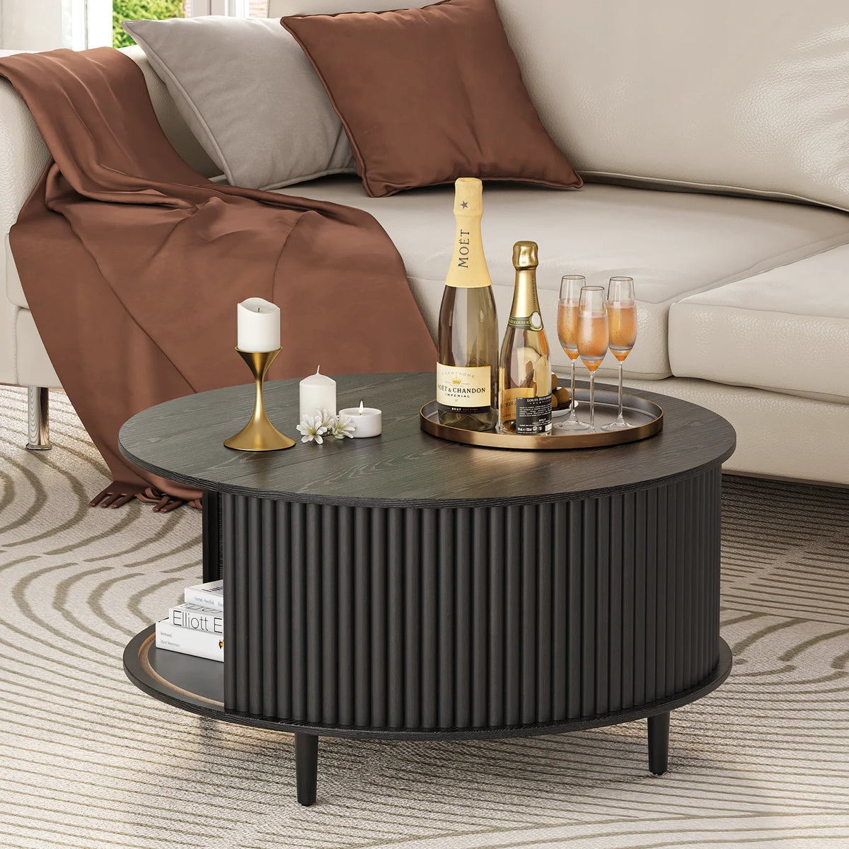 JOINICE Round Coffee Table with Storage and Sliding Door,Mid Century Modern Wooden Center Table,for Living Room,Walnut