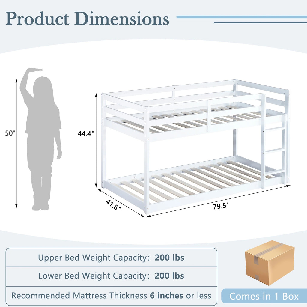 Twin Over Twin Floor Bunk Bed, UHOMEPRO Solid Wood Low Bunk Bed with Safety Rail, Ladder, Heavy Duty Bunk Beds, Space-Saving Bedroom Dorm Furniture, Gray