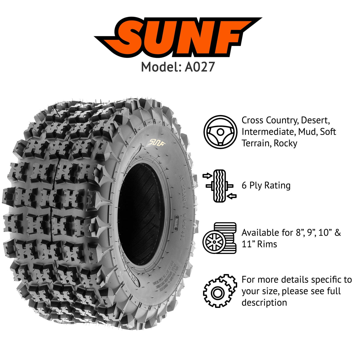 SunF All Terrain ATV UTV Tires 22x10-9 6 PR A027 (Pair of 2)