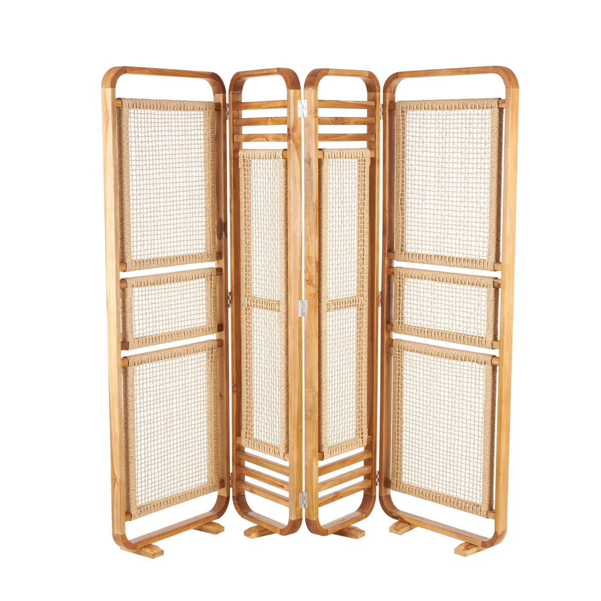 DecMode 79" x 70" Brown Teak Wood Handmade Foldable Partition 4 Panel Room Divider Screen with Woven Rattan Panels, 1-Piece