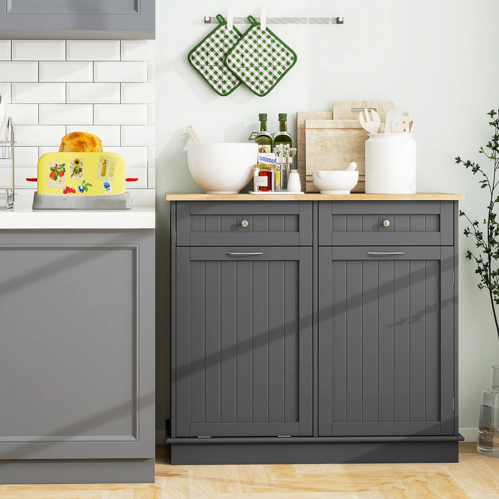 Costway 15.5 Gallon Kitchen Tilt Out Trash Cabinet Rubber Wood Tabletop 2 Drawers Shelf Gray