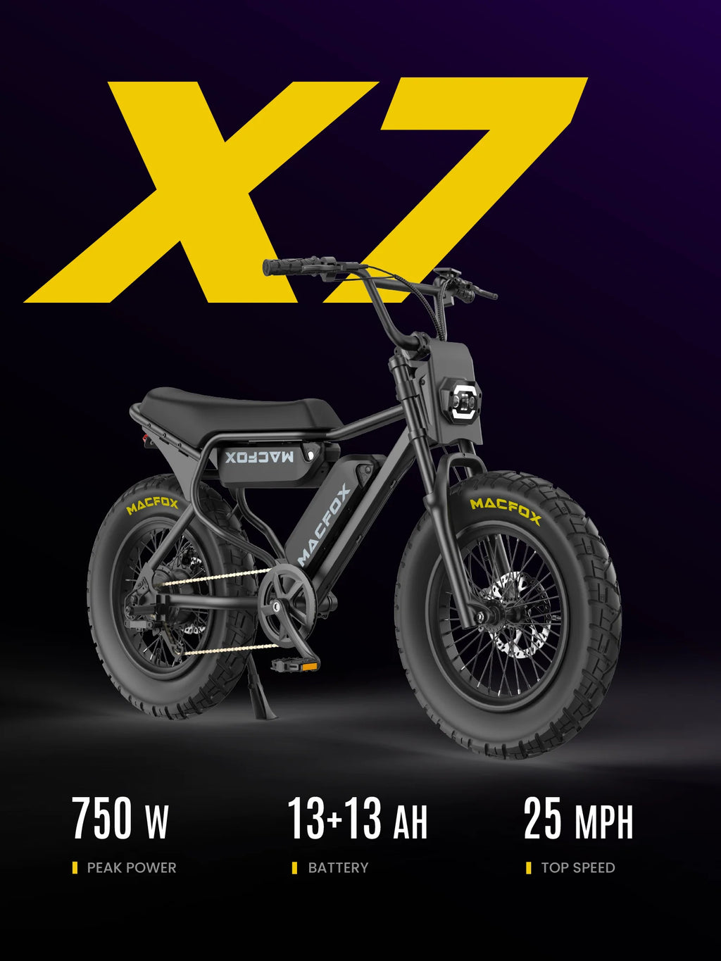MACFOX X7 Adult Electric Bike, 750W E-Bike, 25 MPH, 48V 13Ah removable battery, 35-mile range, hydraulic brakes, upgraded 20x5.0 wide rear tire.