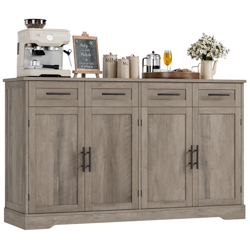 Homfa Farmhouse Buffet Cabinet with 4 Drawers and 4 Doors, 59" W Sideboard Buffet Storage Cabinet with Shelves, for Kitchen Living Room Bedroom, Wash Gray