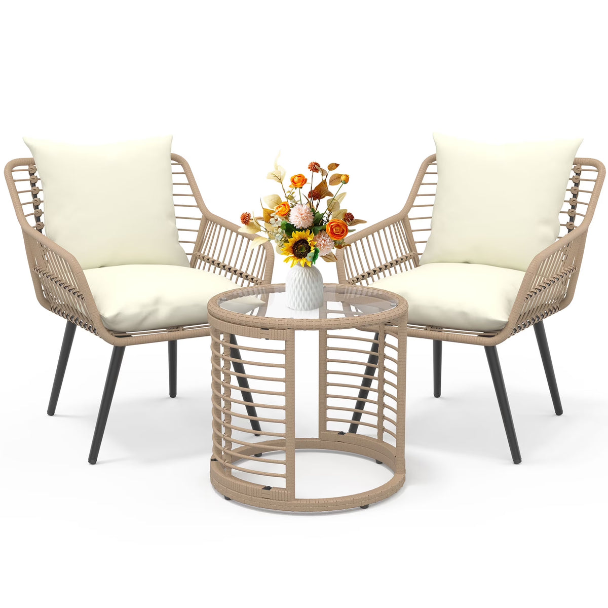 Ainfox 3-Piece Steel Outdoor Bistro Sets with Metal Chairs and Glass Top Table, Beige