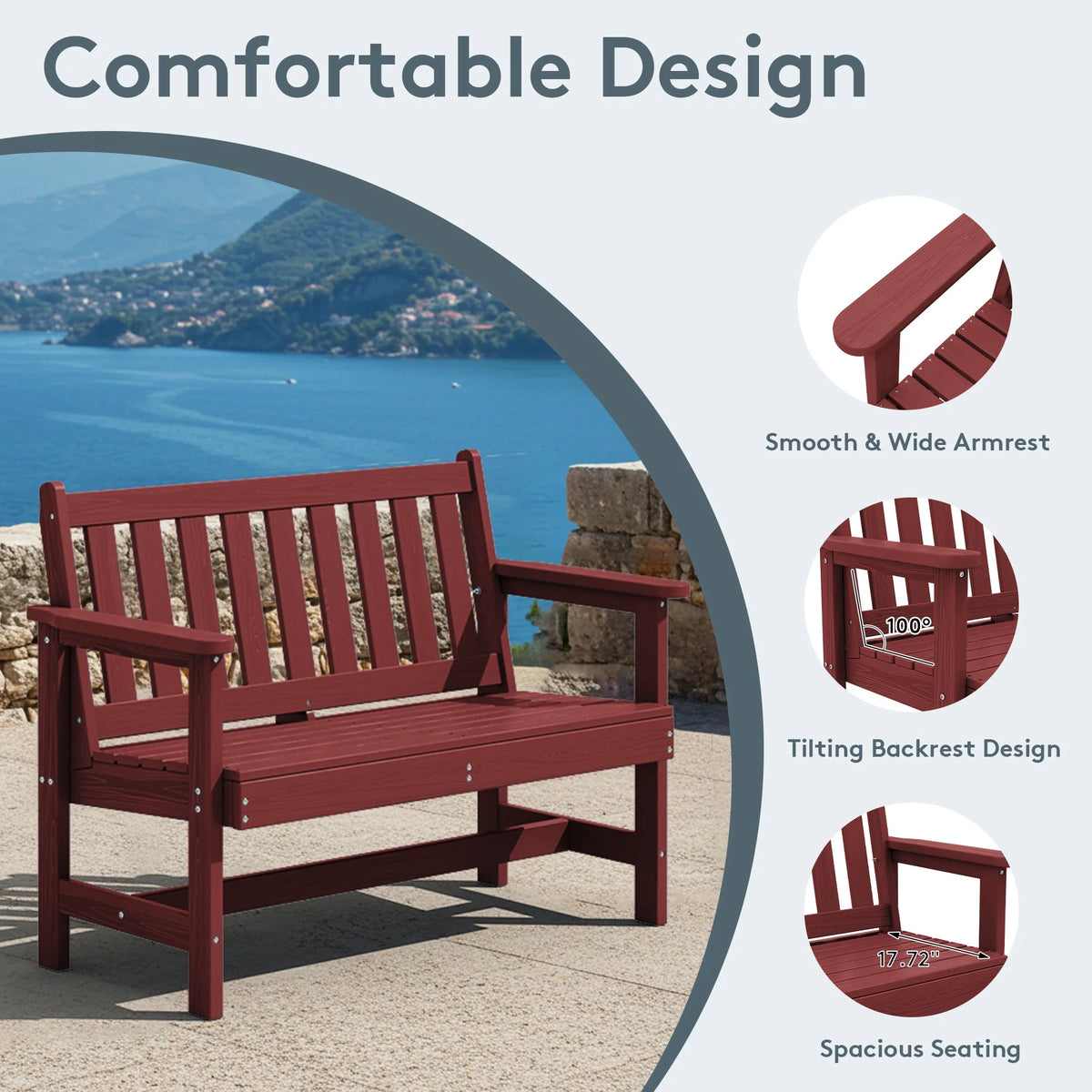 SERWALL Outdoor Bench for 2-Person, Weather-Resistant HDPE with Aluminum Reinforcement, Supports 660 lbs, Comfortable Seating for Patio, Garden, and Porch, Black