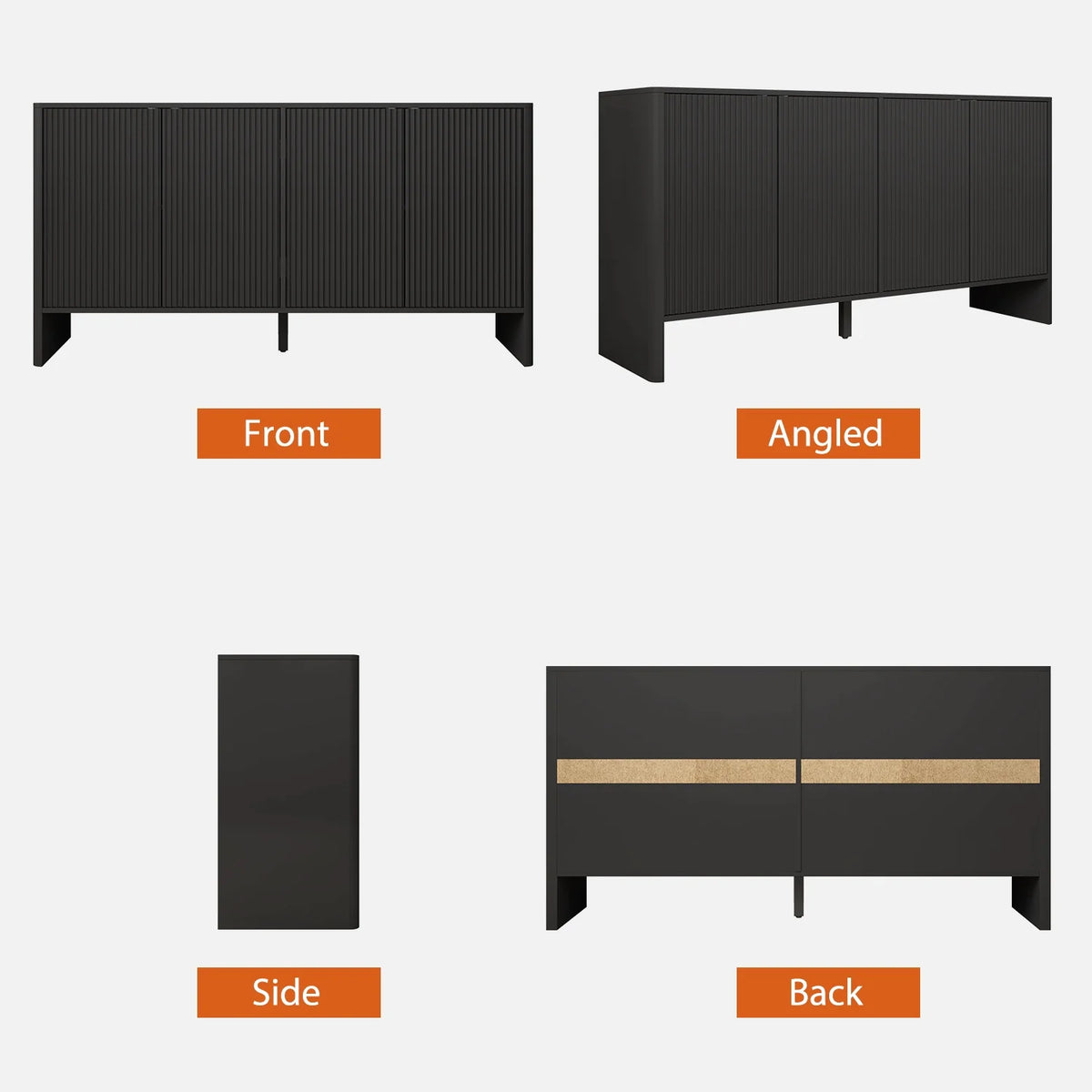 Wirrytor Sideboard Storage Cabinet with Doors and Shelves, Buffet Cabinet with Storage, Credenza Storage Cabinet for Kitchen, Wooden Fluted Cabinet, Under TV Cabinet with Storage - Black