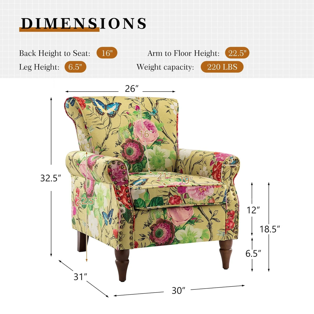 14 Karat Home Wingback Accent Chair Removable Cushion Floral Upholstered Sofa Armchair Couch Wood Legs Nailhead Trim Mustard