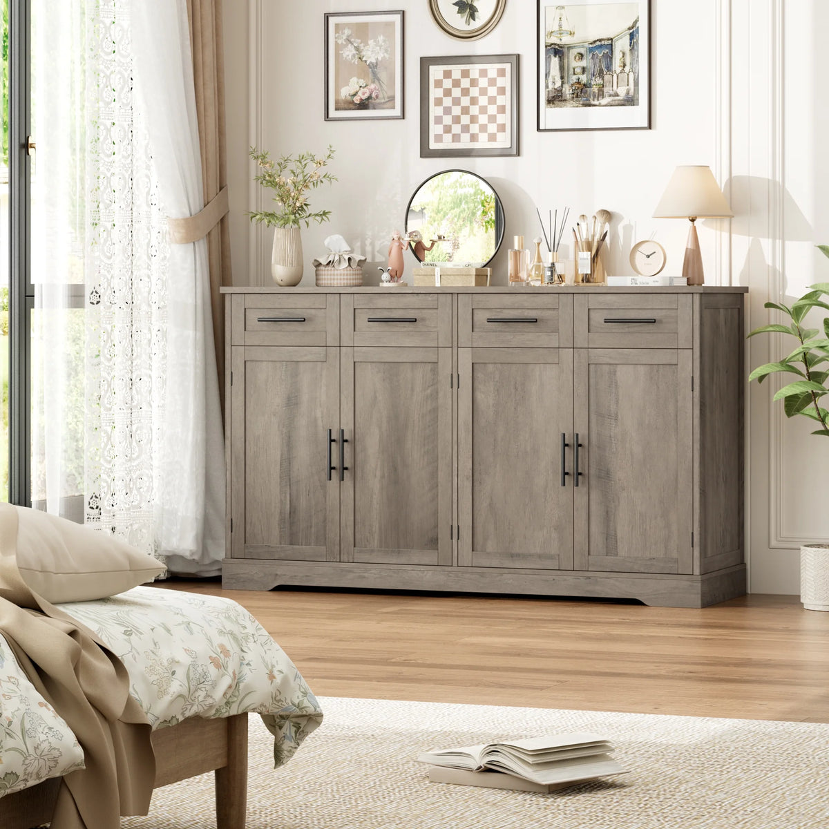 Homfa Farmhouse Buffet Cabinet with 4 Drawers and 4 Doors, 59" W Sideboard Buffet Storage Cabinet with Shelves, for Kitchen Living Room Bedroom, Wash Gray