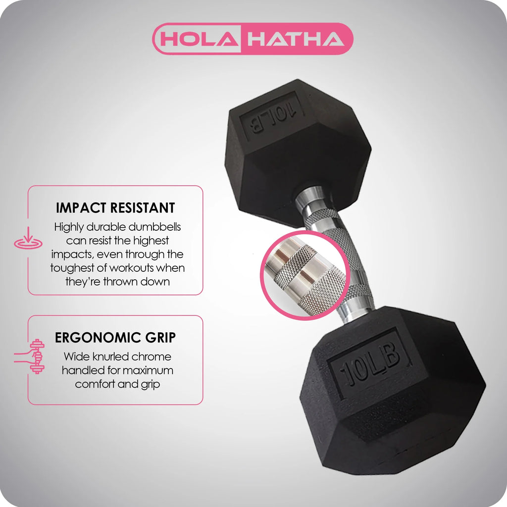 HolaHatha Hex Dumbbell with Rack, 5/10/15/20/25 lb (Black)