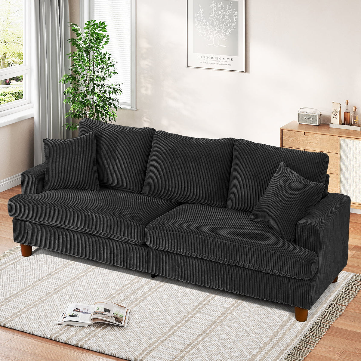87" Corduroy Sofa,3 Seater Sofa with Extra Deep Seats,Neche Comfy Upholstered Couch for Living Room,2 Pillows,Green
