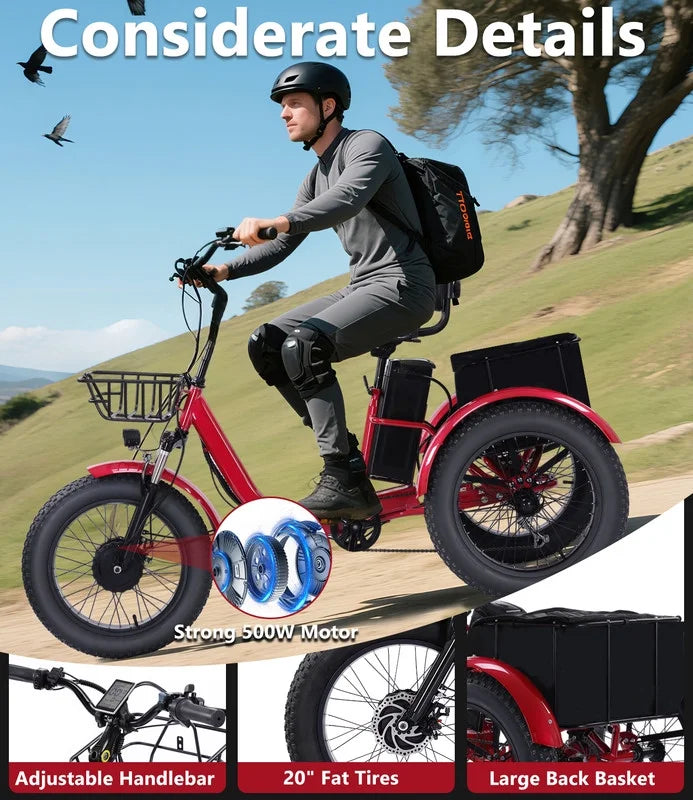 YEBEI Electric Tricycle for Adults Folding E-Trike Motorized Tricycle Electric 3 Wheels Trike Powerful 500W Motor Electric Tricycle 48V15AH Lithium Battery Max 20MPH 20*4.0�� Fat Tire Orange