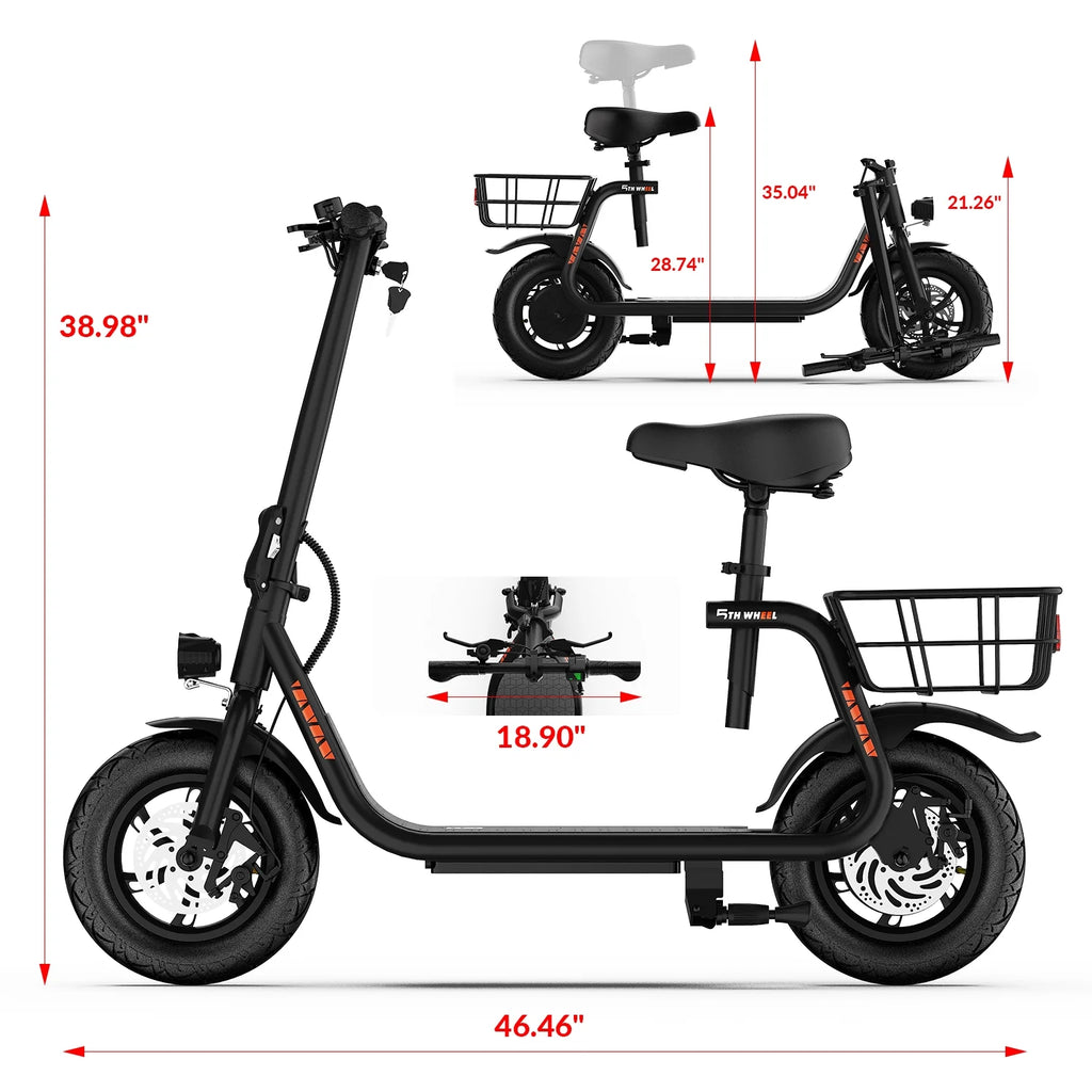 5TH WHEEL W18S 450W Motor Electric Scooter for Adults with Seat and Carry Basket, 36V 20Miles Range & 15.5Mph, 12" Foldable E Scooter for Commuting