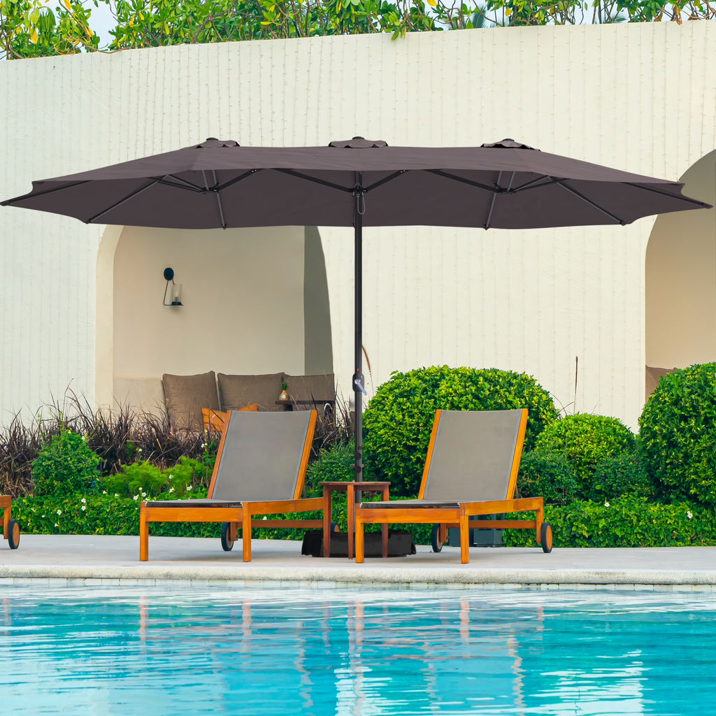 Mondawe 15ft Patio Umbrella Rectangular Outdoor Market Umbrella with Base and LED Lights Beige