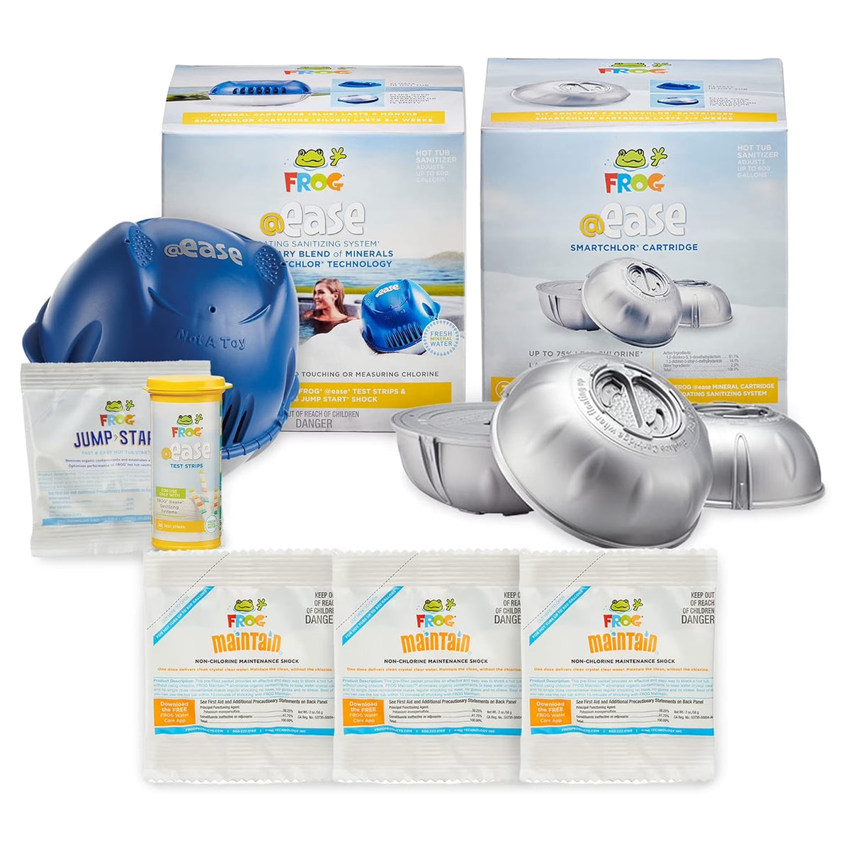 FROG @ease Floating System + 3 Pack of SmartChlor Replacements + 3 FROG Maintain Non-Chlorine Shock Treatments for Hot Tubs