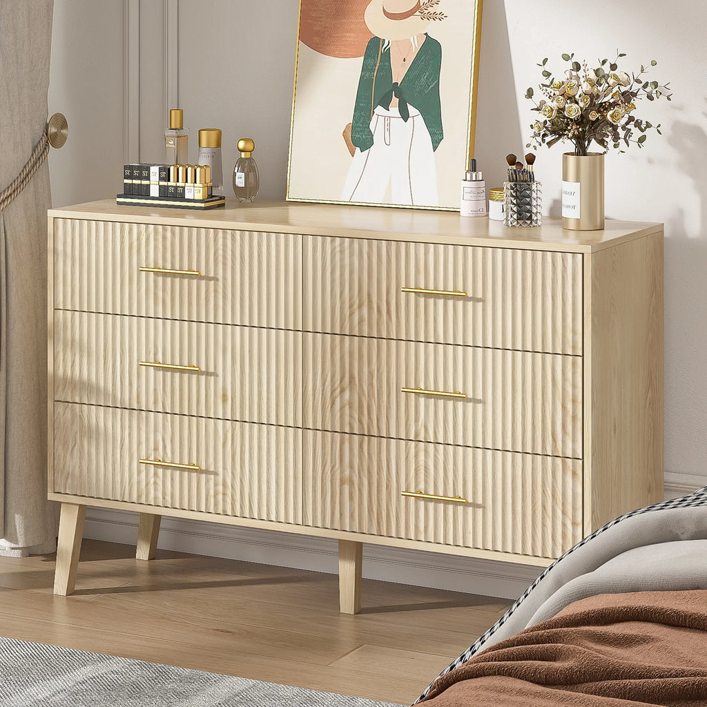Fluted 6 Drawers Dresser, Wide Modern Chest of Drawers, 6 Drawer Double Dresser