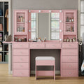 Vanity With Power Outlet, Vanity Desk With Mirror And 10 LED Lights, Makeup Vanity With 12 Drawers And 2 Cabinets, Fold-Up Panel, Glass Top Vanity Table With Chair For Bedroom