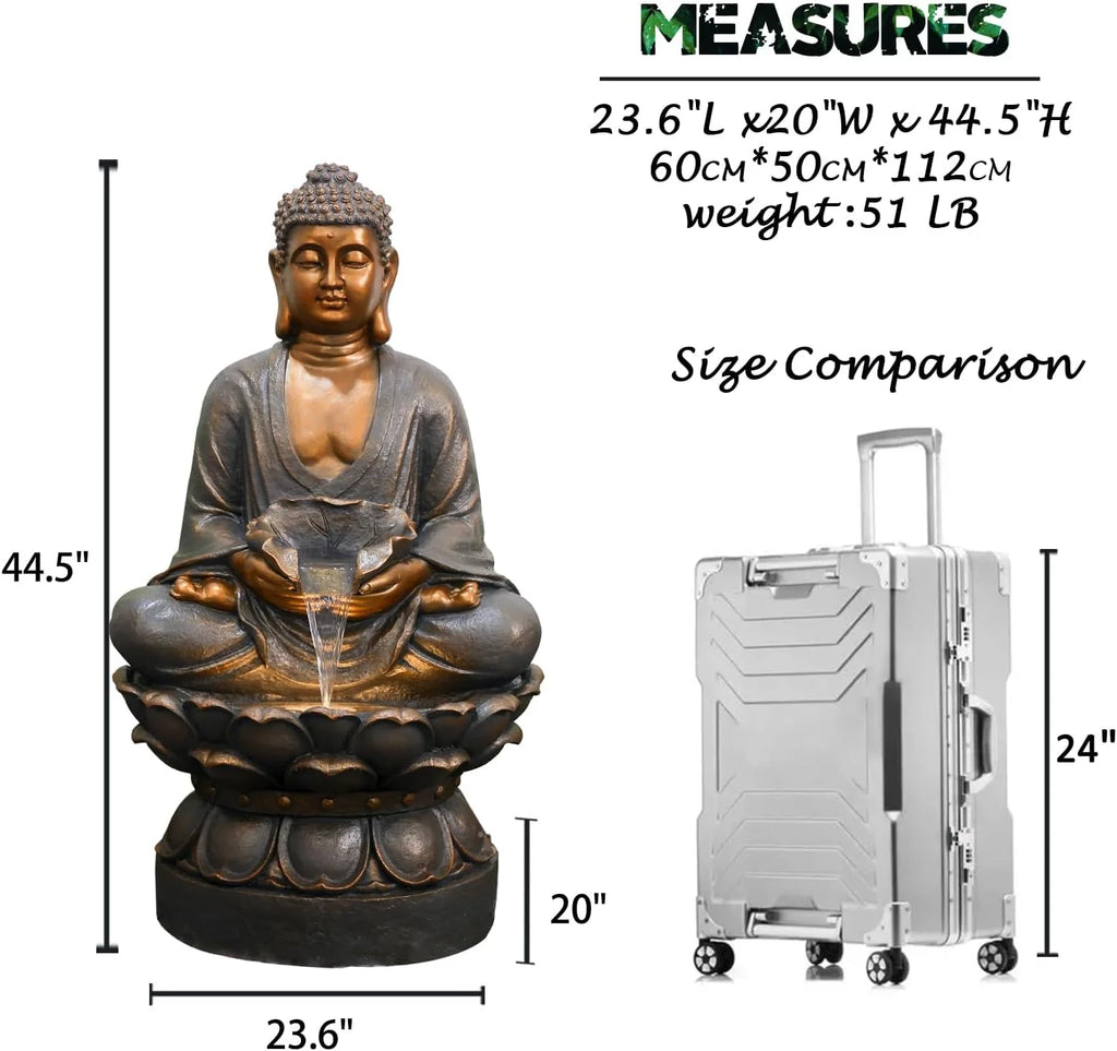 Buddha Water Fountain Outdoor Large Sitting Lotus Base Waterfall Fountains Zen Water Feature Indoor with LED Light for Garden Patio Backyard Deck Lawn Porch Balcony Home 45 inches Gold