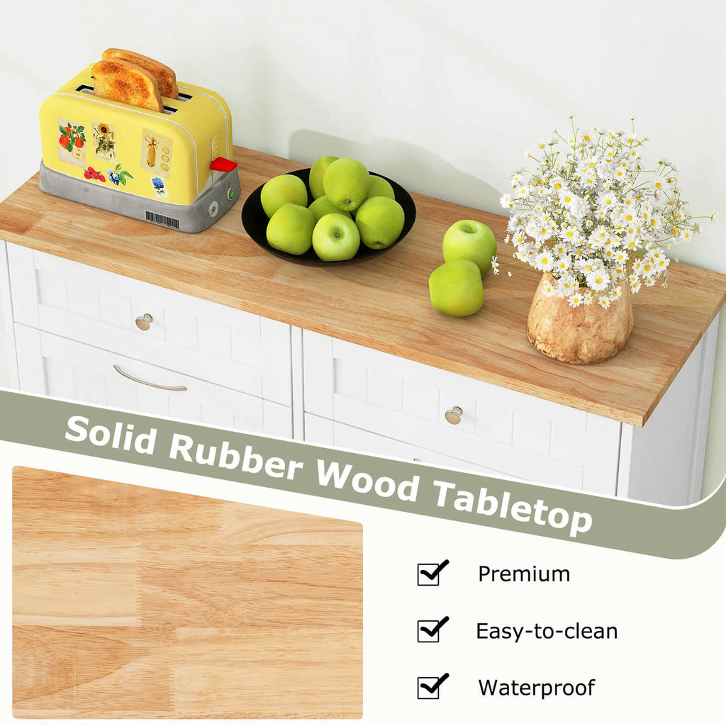 Costway 15.5 Gallon Kitchen Tilt Out Trash Cabinet Rubber Wood Tabletop 2 Drawers Shelf Gray