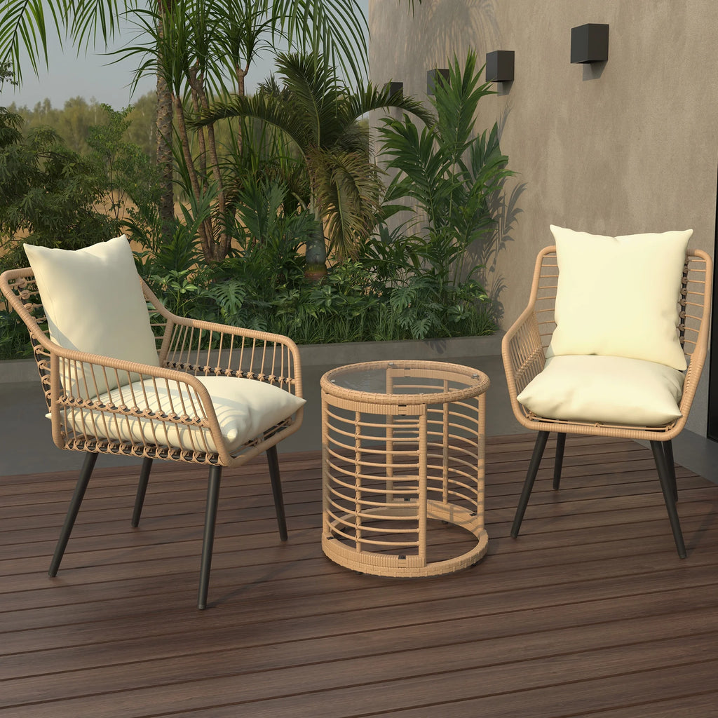 Ainfox 3-Piece Steel Outdoor Bistro Sets with Metal Chairs and Glass Top Table, Beige