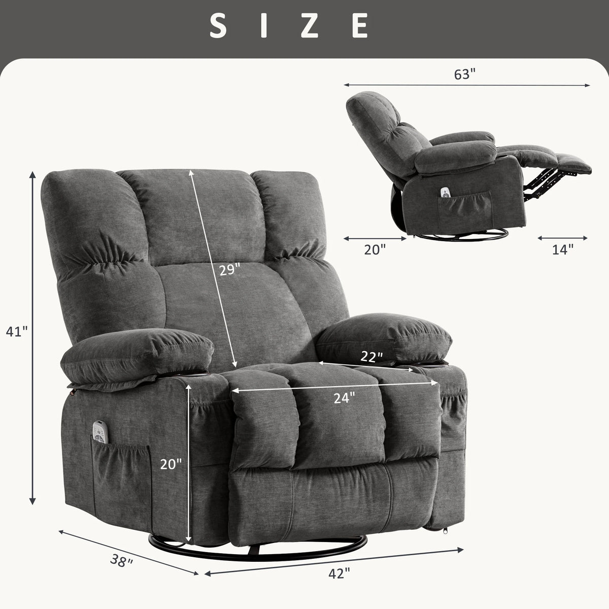 JONPONY Manual Recliner Chair with Heat Therapy and Massage Function, Heavy Duty Reclining Mechanism Massage Chair, Elderly Single Rocker Sofa with Cup Holders for Bedroom Home Theater,Grey