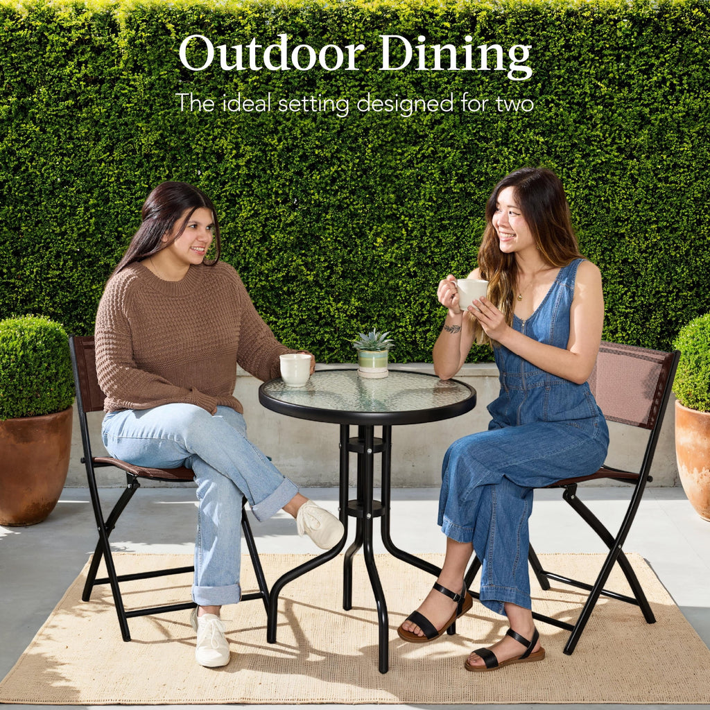 Best Choice Products 3-Piece Patio Bistro Dining Furniture Set w/ Glass Tabletop, Folding Chairs - Gray