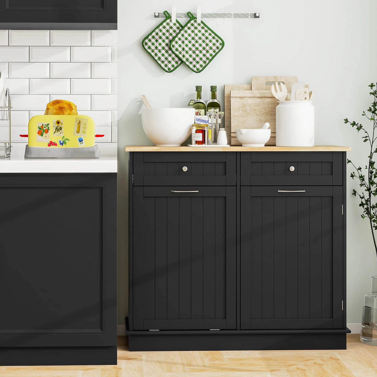 Costway 15.5 Gallon Kitchen Tilt Out Trash Cabinet Rubber Wood Tabletop 2 Drawers Shelf Gray