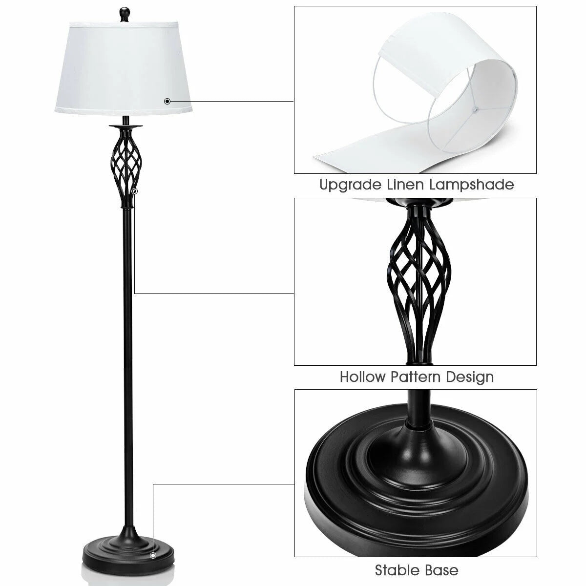 Gymax 3-Piece Lamp Set 2 Table Lamps 1 Floor Lamp Fabric Shades Living Room Bedroom