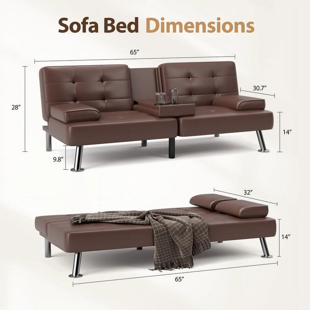 Furmax Futon Sofa Bed Convertible Folding Faux Leather Couch with 2 Cup Holders,Black