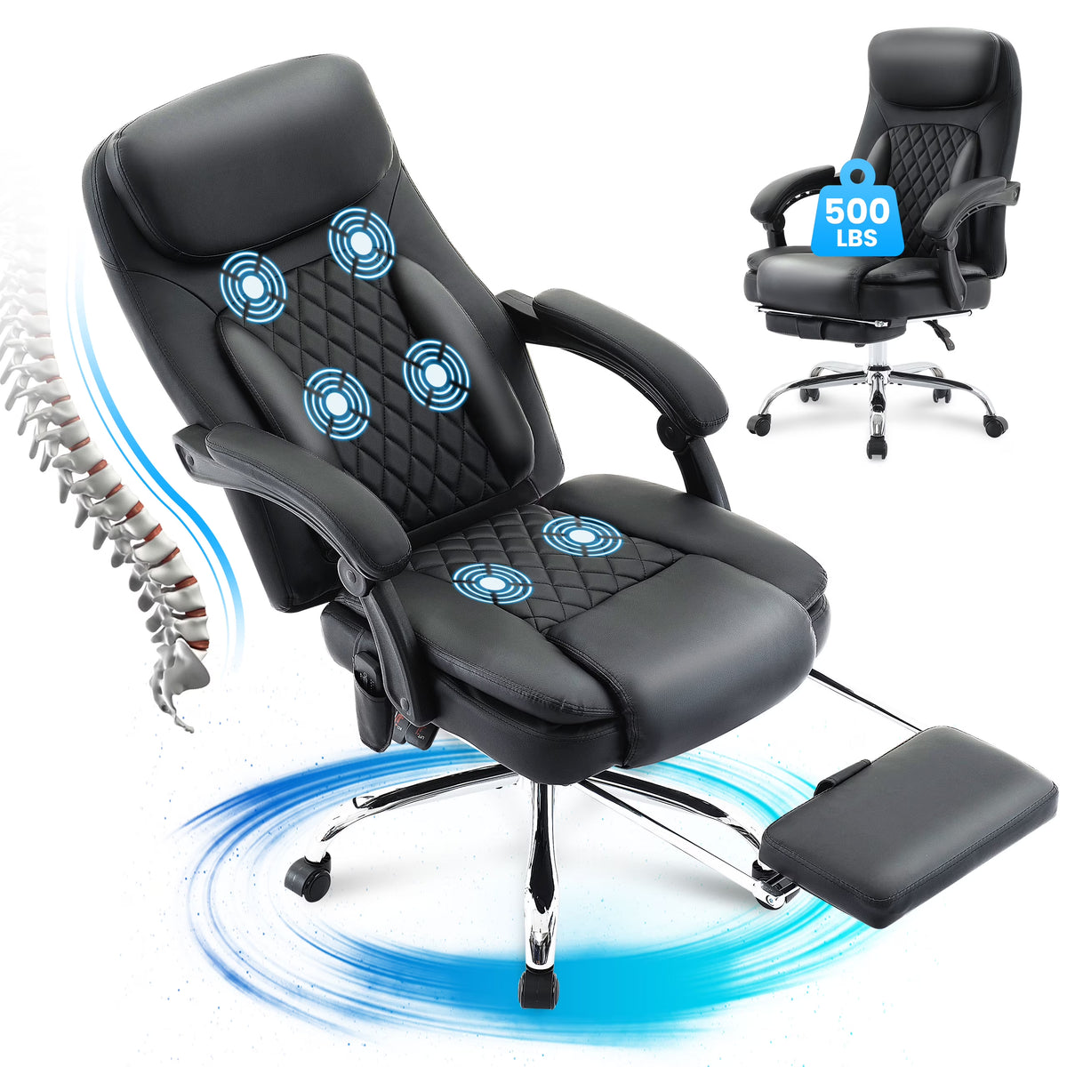 JONPONY Big and Tall Office Chair 500LBS Executive Office Chair Massage and Footrest Ergonomic Computer Desk Chair Reclining High Back Leather Office Chair Lumbar Back Support Swivel Rolling,Black