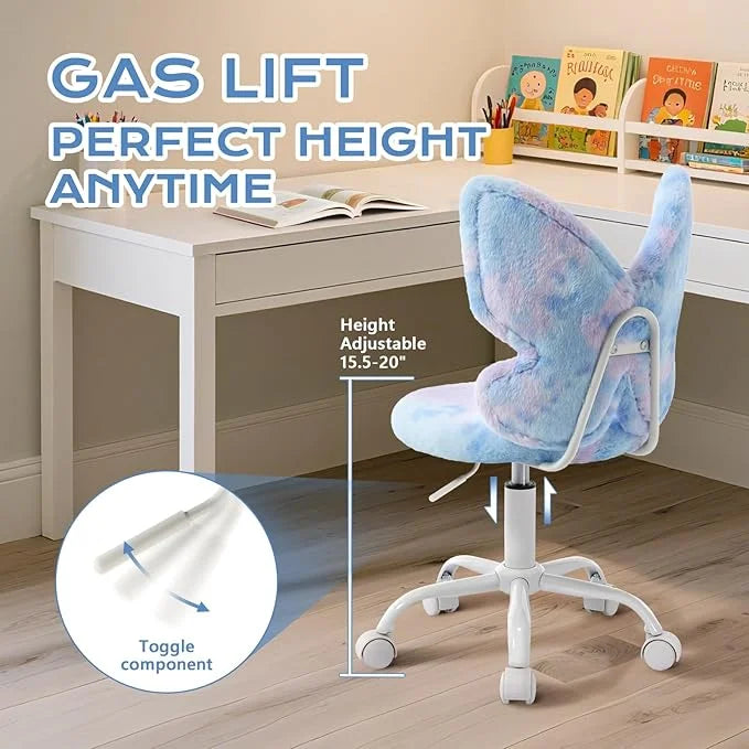 Adorable Butterfly Kids Desk Chair - Comfy Swivel Computer Chair for Girls Room, Fluffy Kids Office Chair for Reading & Vanity,Blue