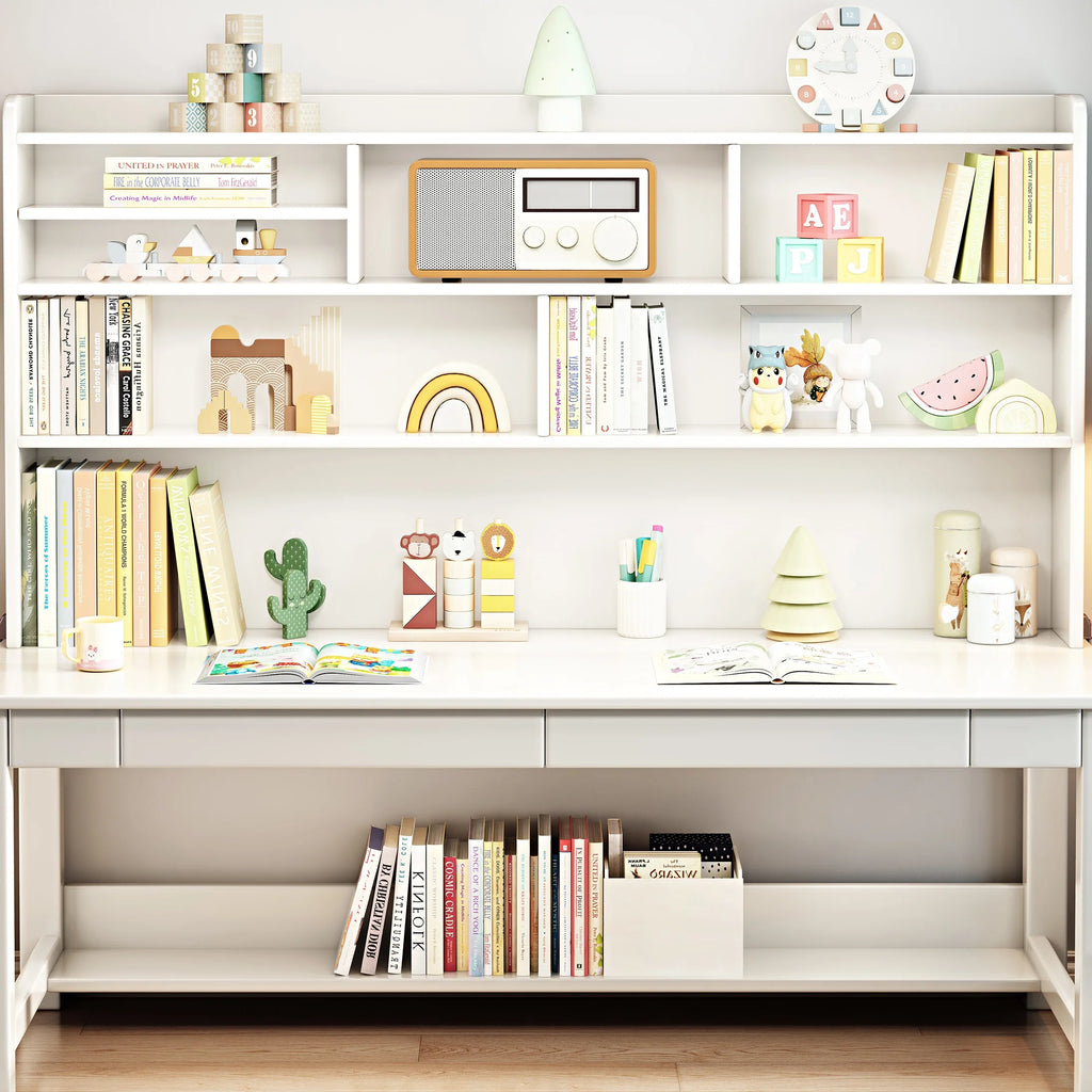 BALANBO Solid Wood Kids Desk and Chair Set with Hutch,Study Computer Desk with Drawers, Extra Large Two Person Study Desk Writing Table, Student White Desk with Bookshelf for Bedroom,Study Room,White