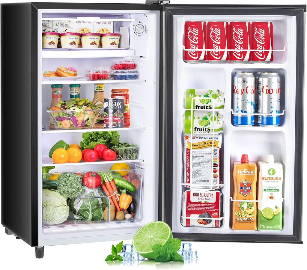 Mini Fridge for Bedroom 3.2 Cu.Ft Small Refrigerator with Freezer for Dorm Office, Compact Single Door Adjustable Thermostat Low Noise,Black