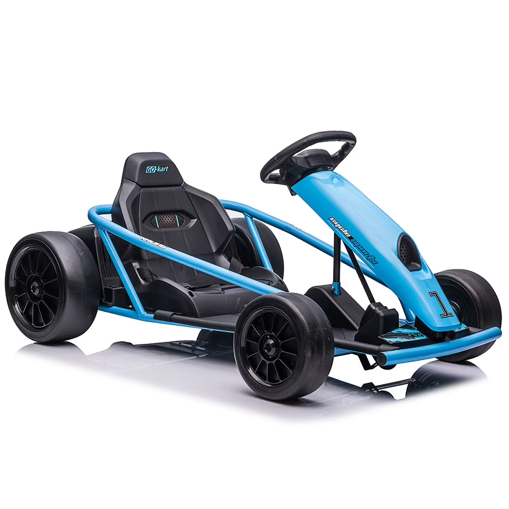 Simzone Go Kart for Kids 24V Battery 300WX2 Motors Pedal On Foot Go Cart 8MPH High Speed Drifting Car with Slow Start Function Music Elastic Durable Tires, Blue