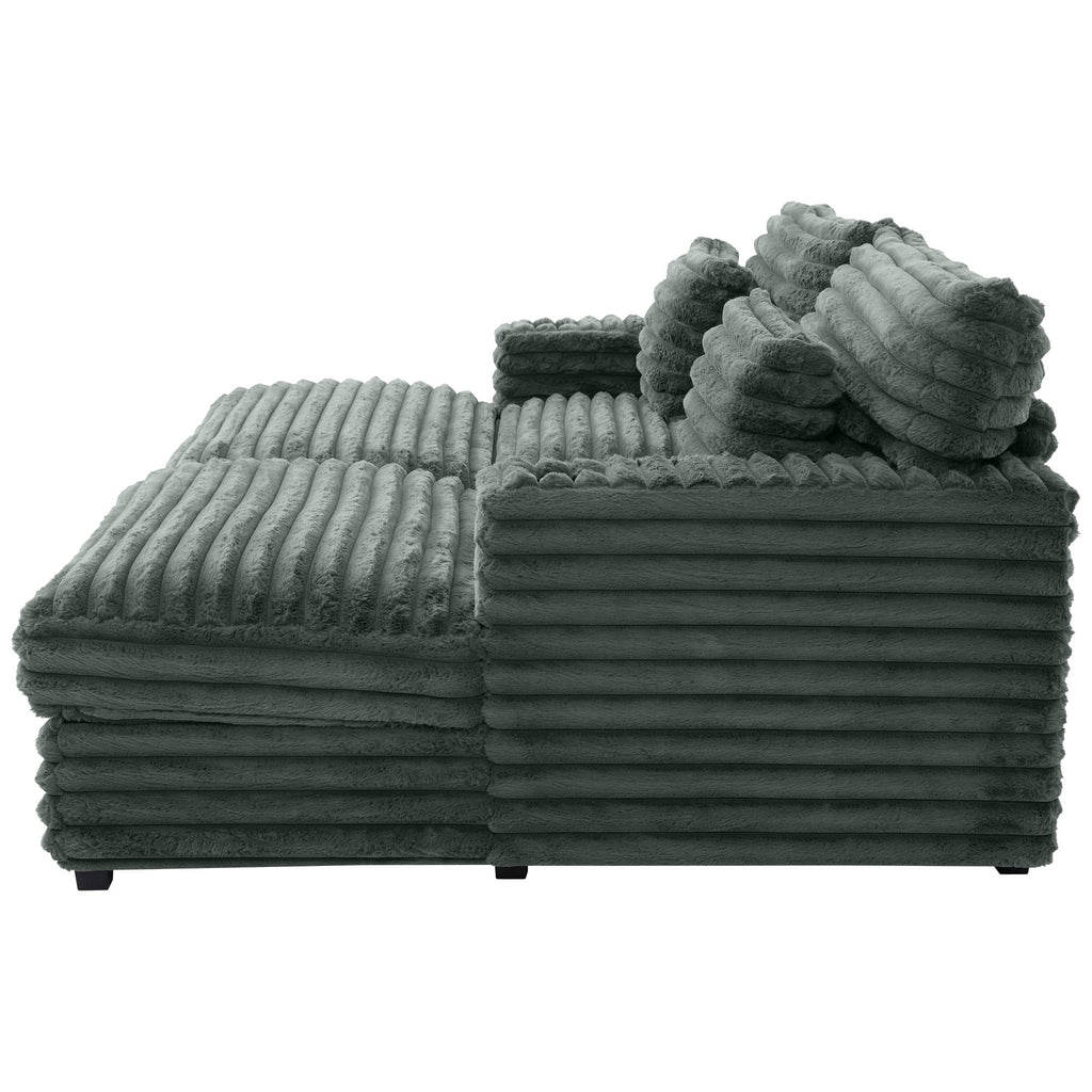 Oversized Double Chaise Lounge, Faux Fur Upholstered Deep Seat Sofa with 2 Pillows, 2 Cupholders, and Dual USB Ports