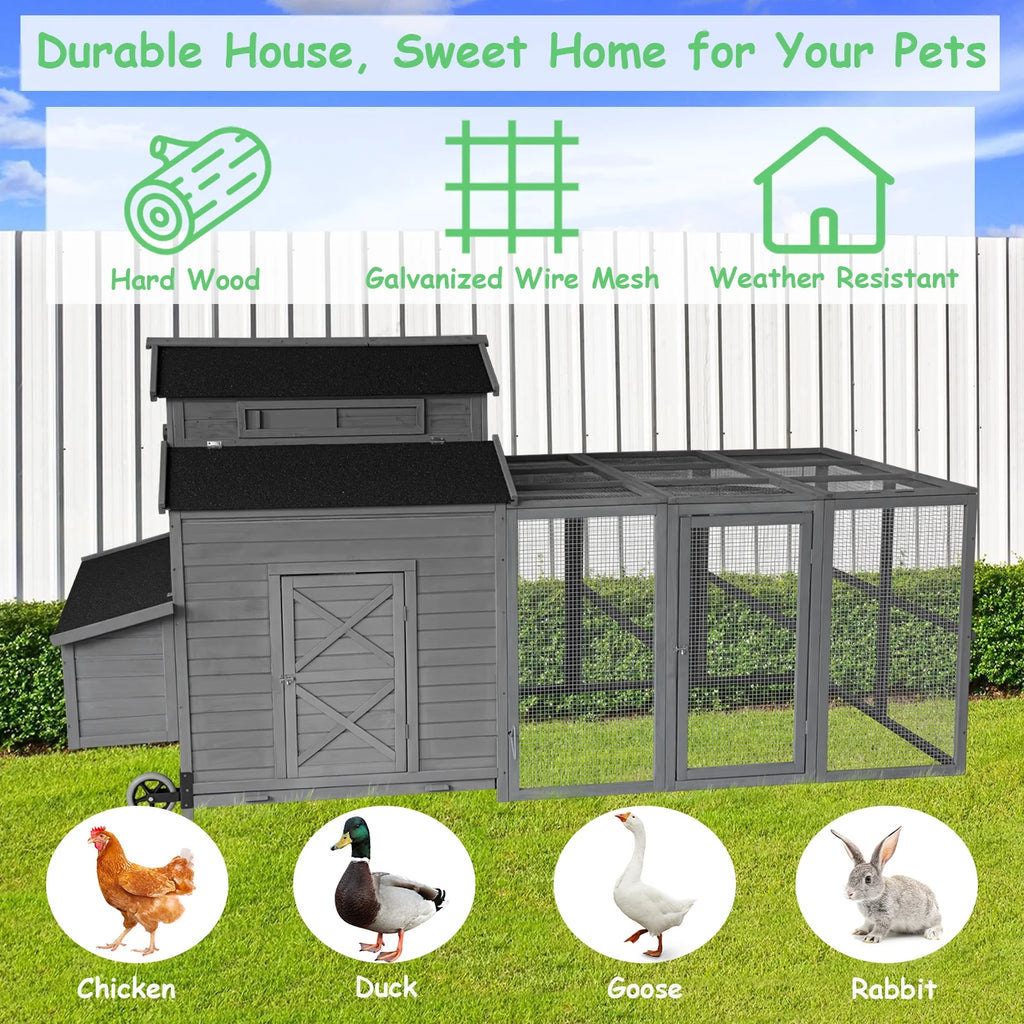 Chicken Coop for 6-10 Chickens, 112" Extal Large Chicken Coops, with Chicken Run & Nesting Box & Secure Enclosure, Outdoor Wooden Hen House Hutch for Rabbit, Poultry Pet, Duck