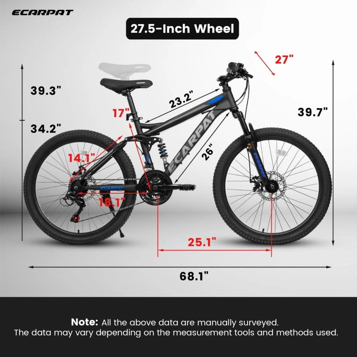 A2760 27.5 Inch Full Suspension Mountain Bike, Front and Rear Dual Shock Absorbers, Mechanical Disc Brakes, 21-Speed, Suitable for Men and Women, Ideal for Travel and Fitness Enthusiasts