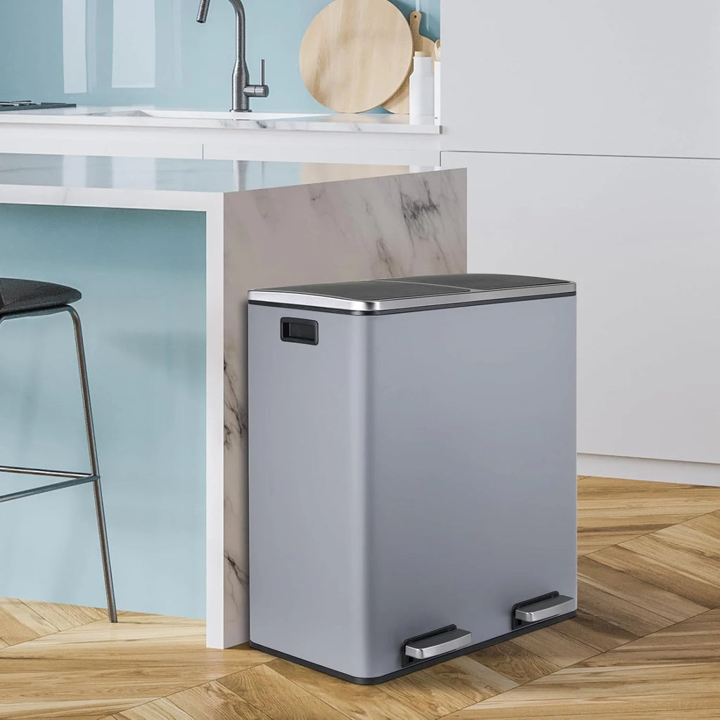 LAZY BUDDY Dual Garbage Can, Stainless Steel 16 Gallon Step Kitchen Trash Can with Soft-Close Lid, Double Compartment Garbage Recycling Bin