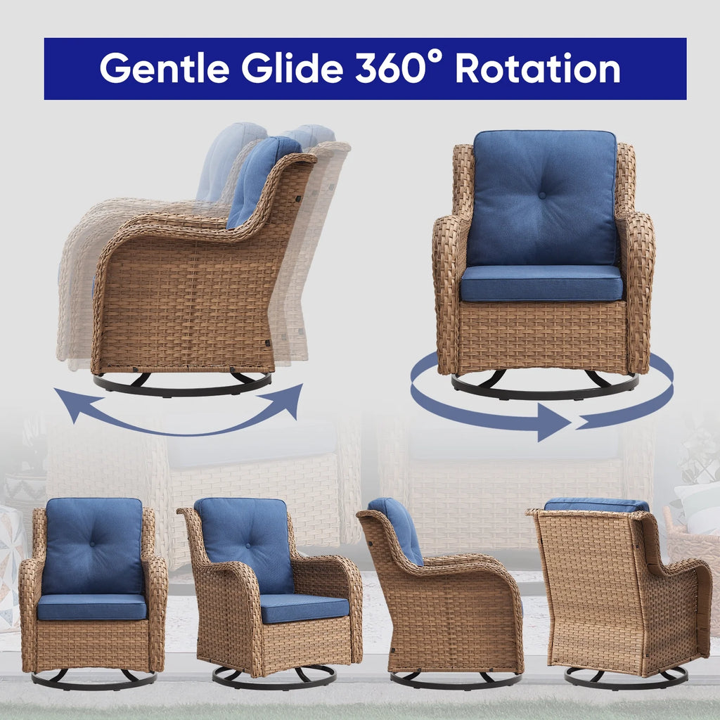 POCASSY 3 Piece Patio Set Outdoor Wicker Glider Rocking and Swivel Chairs with Cushions