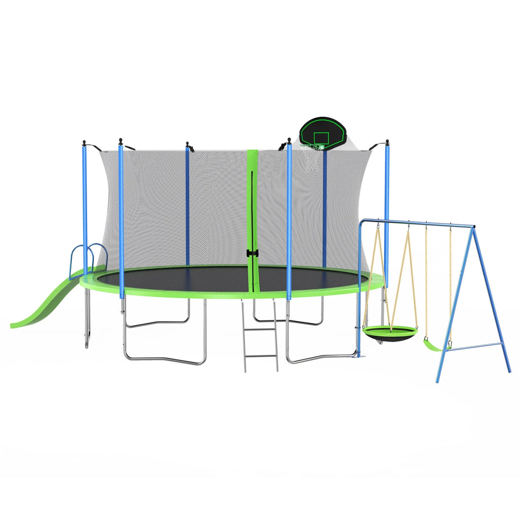12FT Trampoline with Slide and Swings, Large Outdoor Backyard Trampoline with Basketball Hoop and Ladder for Kids and Adults