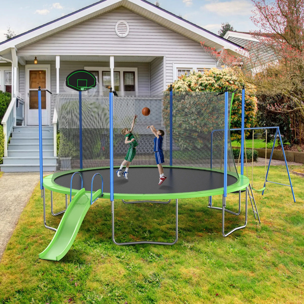 12FT Trampoline with Slide and Swings, Large Outdoor Backyard Trampoline with Basketball Hoop and Ladder for Kids and Adults