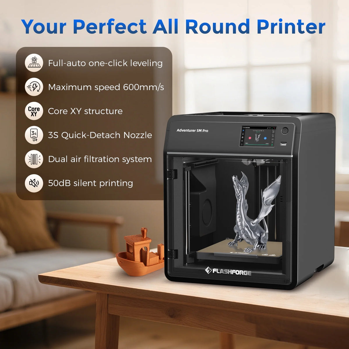 Flashforge 3D Printer Adventurer 5M, 3D Printers for Beginners Home DIY, High Speed Print Size 8.7 x 8.7 x 8.7in, Black