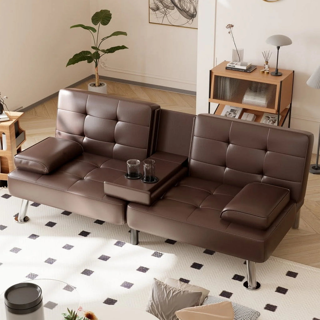 Furmax Futon Sofa Bed Convertible Folding Faux Leather Couch with 2 Cup Holders,Black