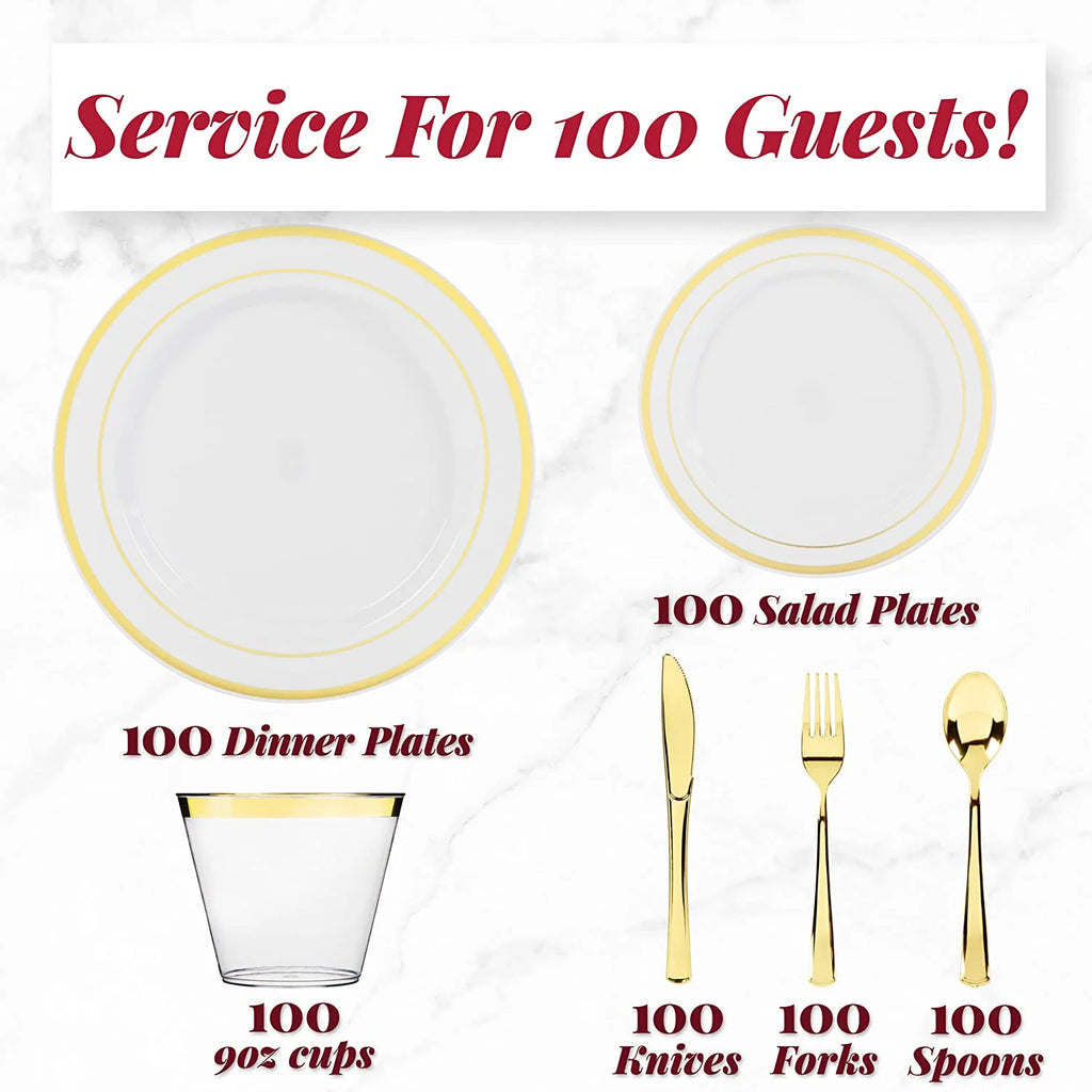 Prestee 600 Piece Gold Dinnerware Party Set (100 Guest), 100 Salad Gold Plates, 100 Gold Plastic Silverware Set, 100 Gold Cups Disposable Party Pack Wedding Birthday Parties