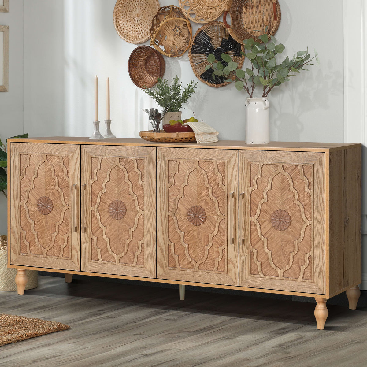 Aukfa 63" Large Accent Storage Cabinet TV Stand with Carved Door for Living Room,Entryway,Natural