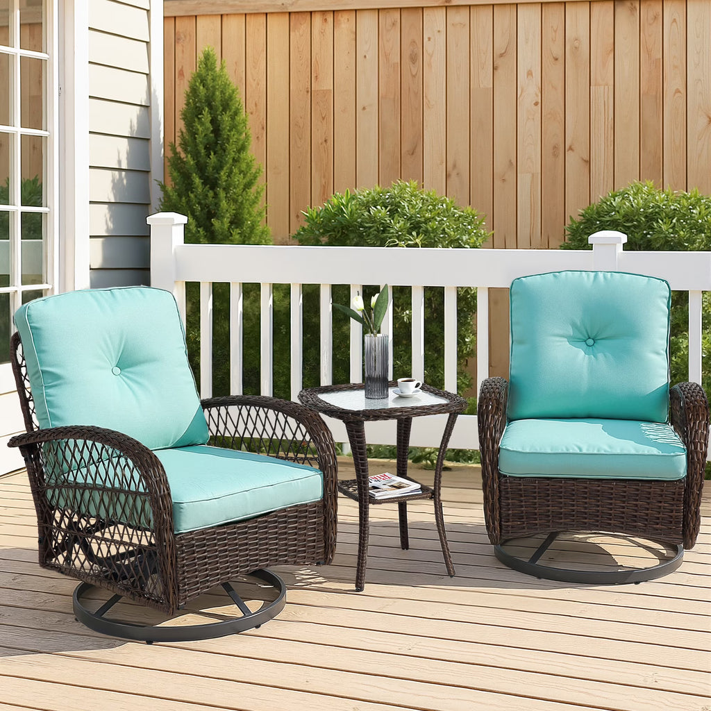 3 Piece Patio Swivel Rocker Chairs Set, 2 360-Degree Swivel Rocking Chairs with 1 Glass Top Table, PE Rattan Outdoor Bistro Set with Cushions for Balcony Deck Poolside Backyard Porch