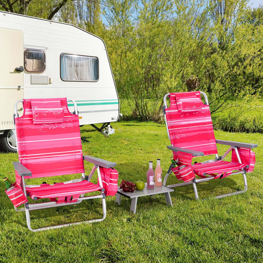 Costway 2-Pack Folding Backpack Beach Chair Table Set 5-Position Outdoor Reclining Chair Pink