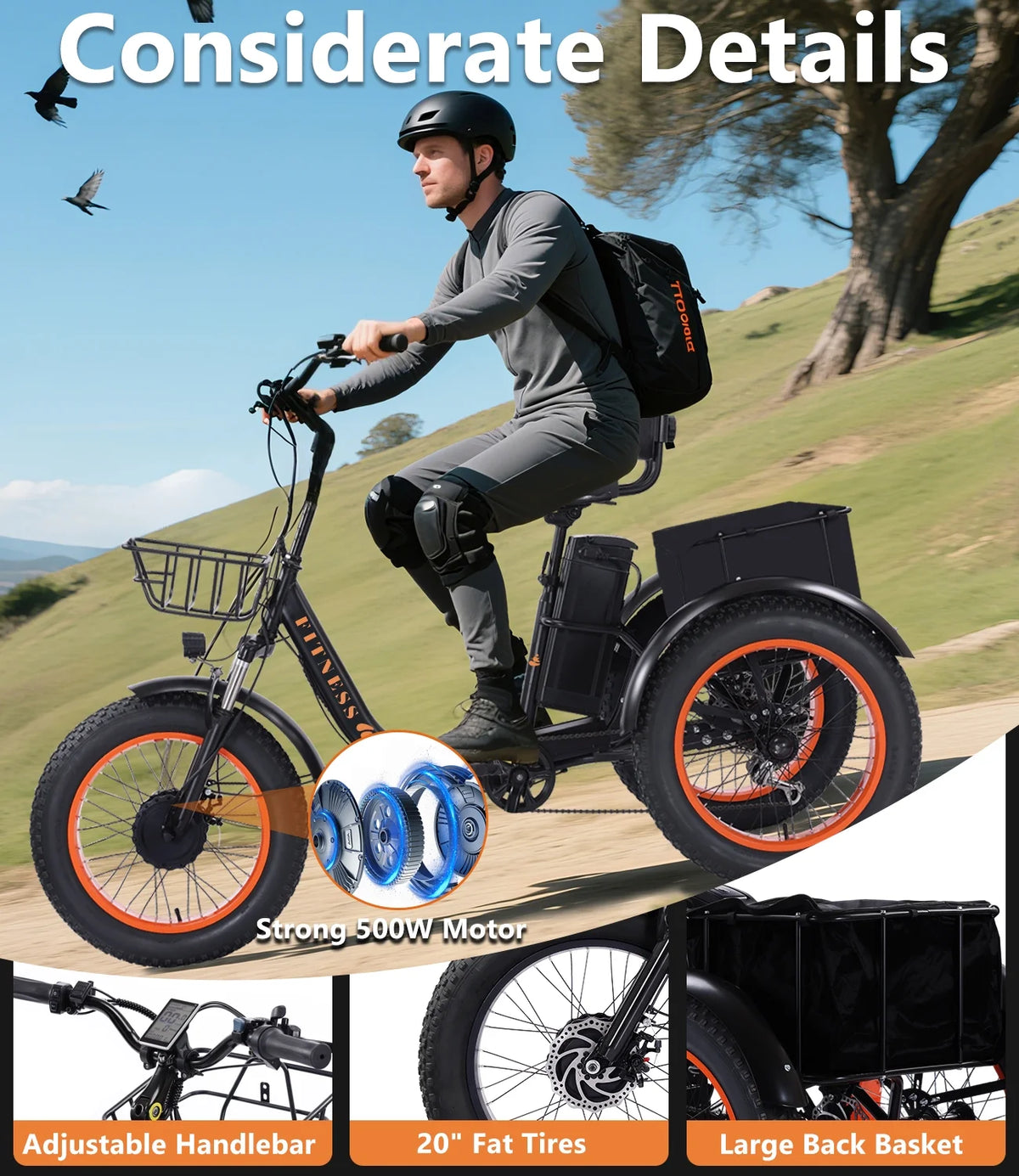 YEBEI Electric Tricycle for Adults Folding E-Trike Motorized Tricycle Electric 3 Wheels Trike Powerful 500W Motor Electric Tricycle 48V15AH Lithium Battery Max 20MPH 20*4.0�� Fat Tire Orange