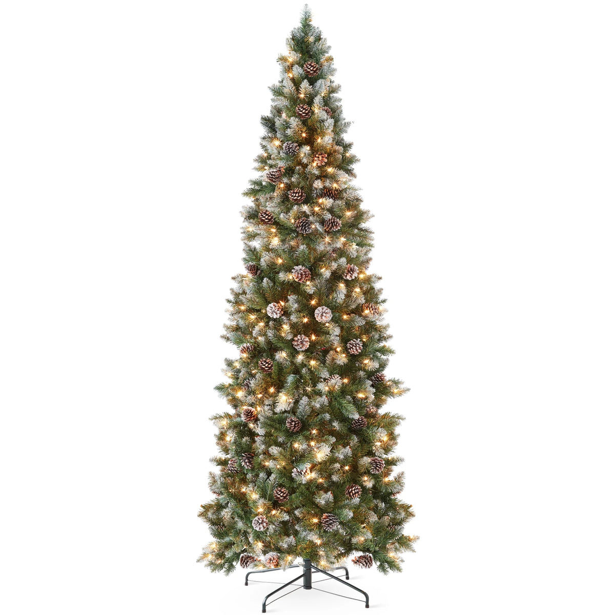 Best Choice Products 6ft Pre-Lit Partially Flocked Pencil Christmas Tree w/ 250 Lights, Pine Cones, Foldable Stand