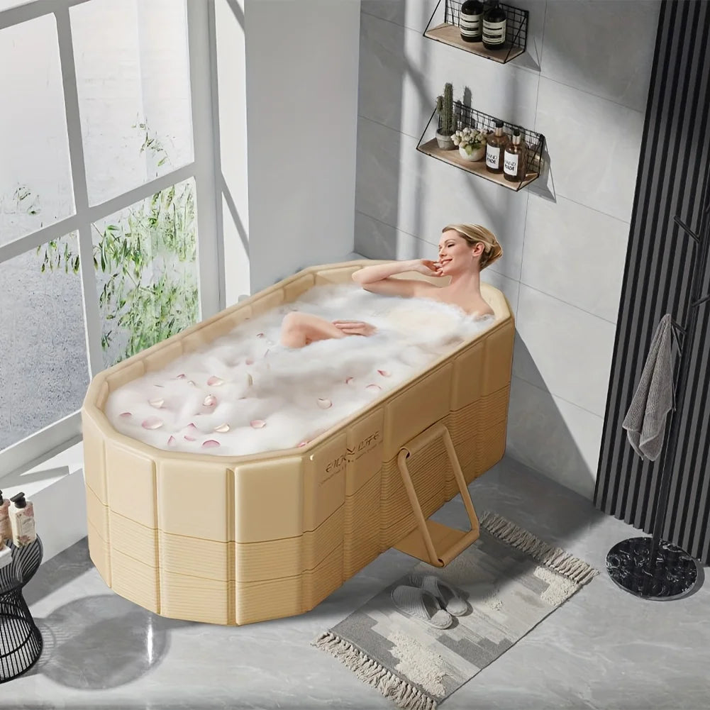[Lightweight Design] Portable Hot Tub for Home Gym - Quick Setup, No Installation Needed, Foldable Storage, Dual Drainage Design, Beige PVC Material - Perfect Christmas Gift for Relaxation & Wellness