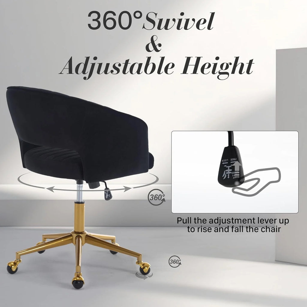 Home Office Swivel Desk Chair, Modern Velvet Vanity Chair, Height Adjustable Armchair with Gold Base, Ergonomic Office Chair for Task Study Computer Room, Beige